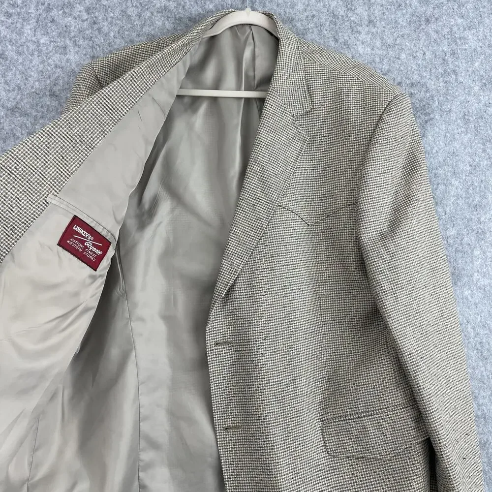 Luskeys Ryons Silk Western Blazer Sport Coat Mens 48L Beige Houndstooth‎ Cowboy